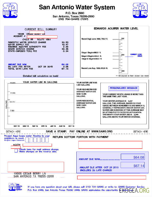 USA SAN ANTONIO WATER SYSTEM utility bill Word and PDF template